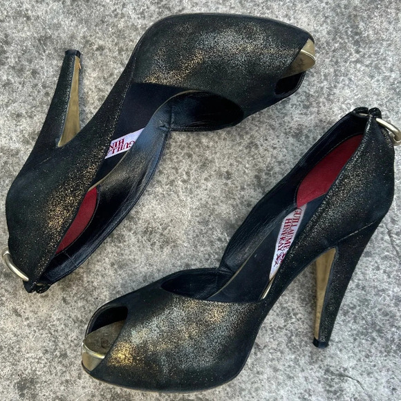 Guillaume Hinfray black and  gold peep toe heel, size 37.5 - Picture 2 of 16